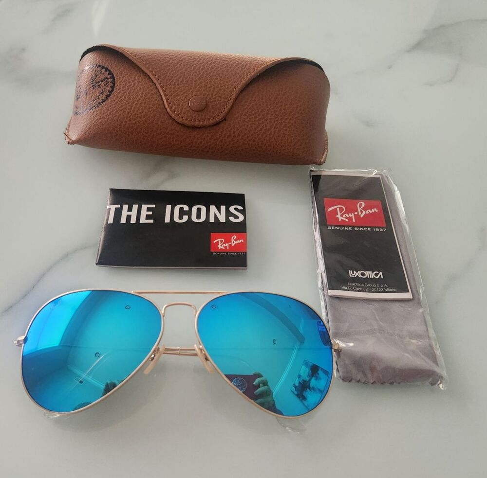 RAY-BAN RB3025 Aviator Gold Metal Frame Blue Mirror Lenses 58mm size - Picture 5 of 9